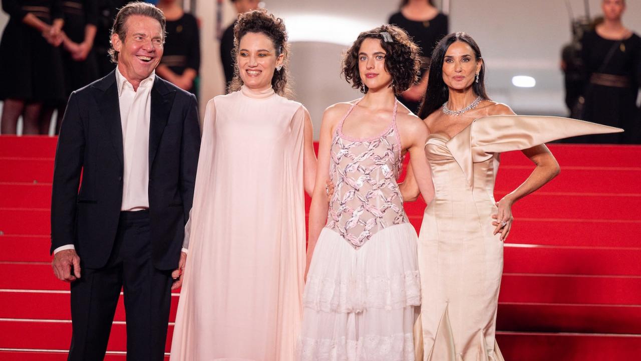 Denis Quaid, Coralie Fargeat, Margaret Qualley et Demi Moore à Cannes 2024 pour The Substance