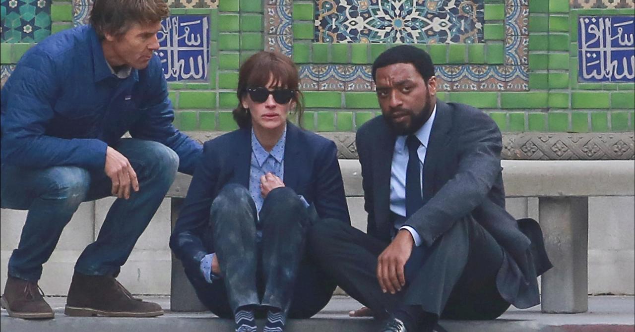 Billy Ray, Julia Roberts et Chiwetel Ejiofor sur le tournage d'Aux yeux de tous en février 2015