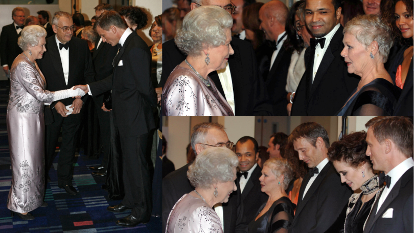 La Reine Elizabeth II serrant la main de Daniel Craig, Eva Green, Judi Dench, Jeffrey Wright et Mads Mikkelsen lors de l'avant-première de Casino Royale, le 15 novembre 2006